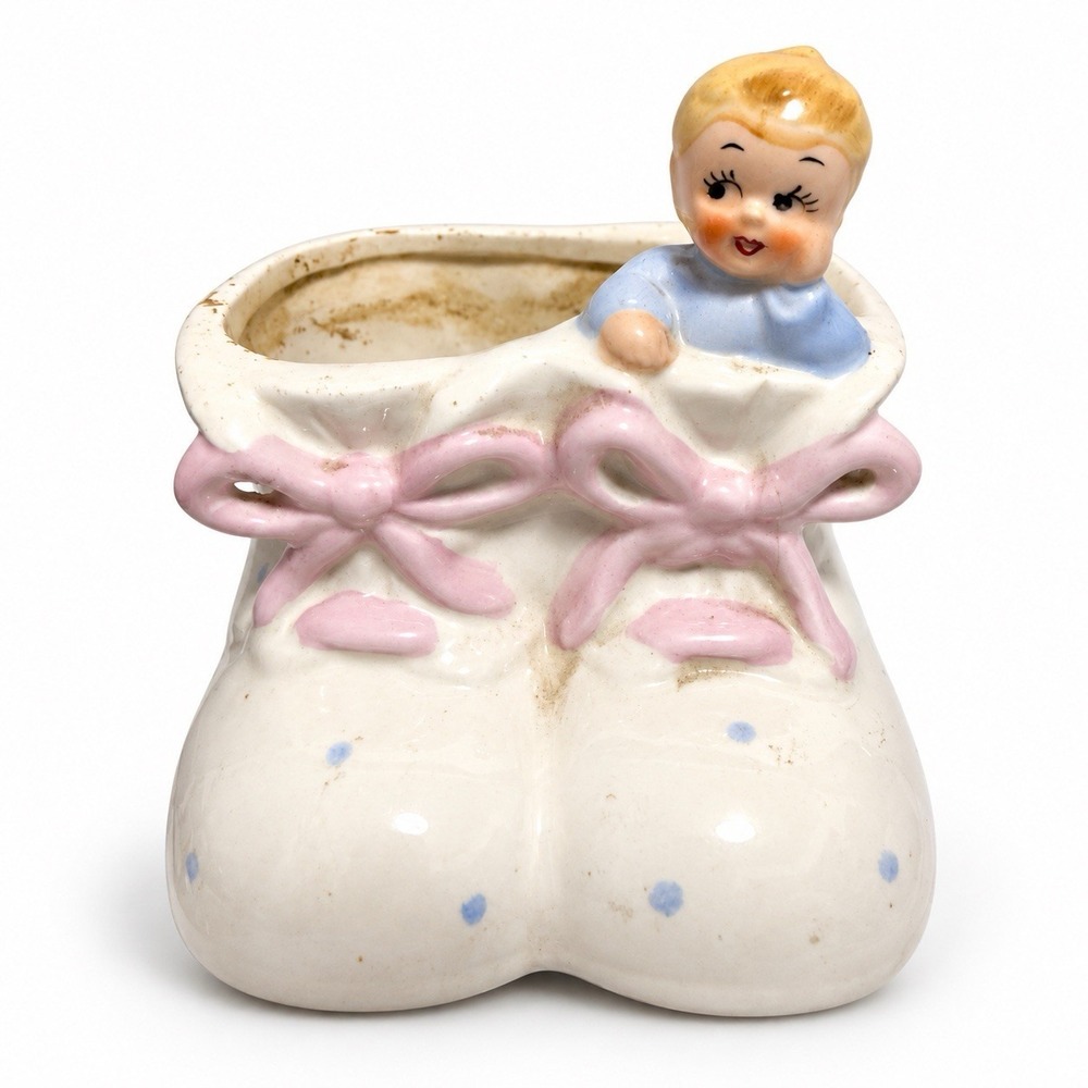 Vintage RELPO C766 Baby in Booties Ceramic Planter Pink Bows Blue Dots